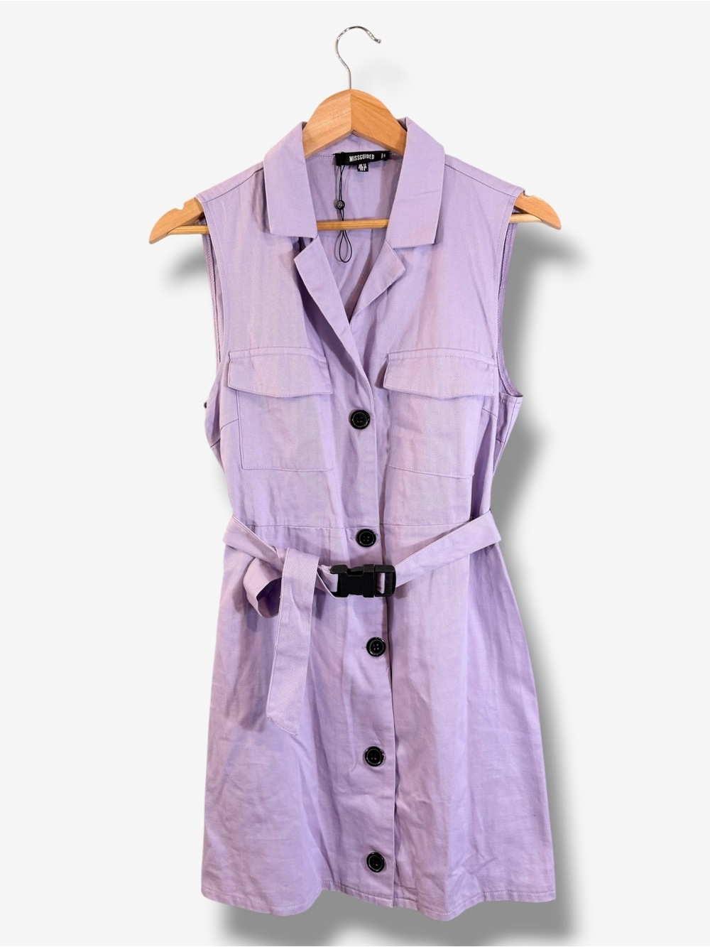 Missguided Lilac Mini Shirt Dress US 8 Belted Sleeveless Utility Casual Button